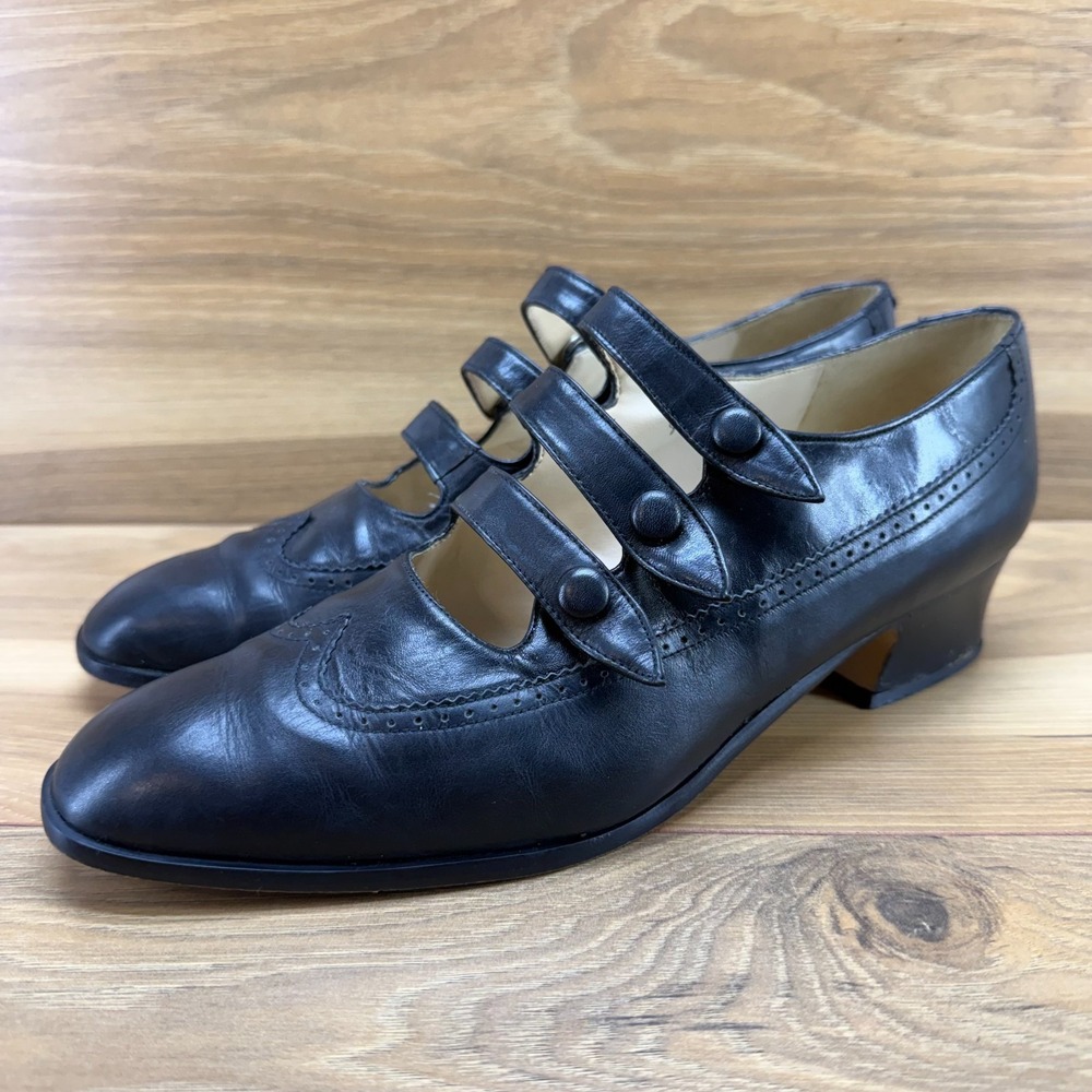 LIZ CLAIBORNE Vintage Victorian Mary Jane Pumps 9 M Black Leather Pinup Wingtip - Picture 4 of 11